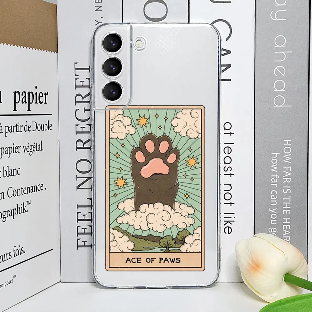 Cute Cartoon Cat Phone Case for Samsung Galaxy S23 FE S22 Plus S21 S20 S24 Ultra Transparent Covers Tarot Card Retro Fundas Capa