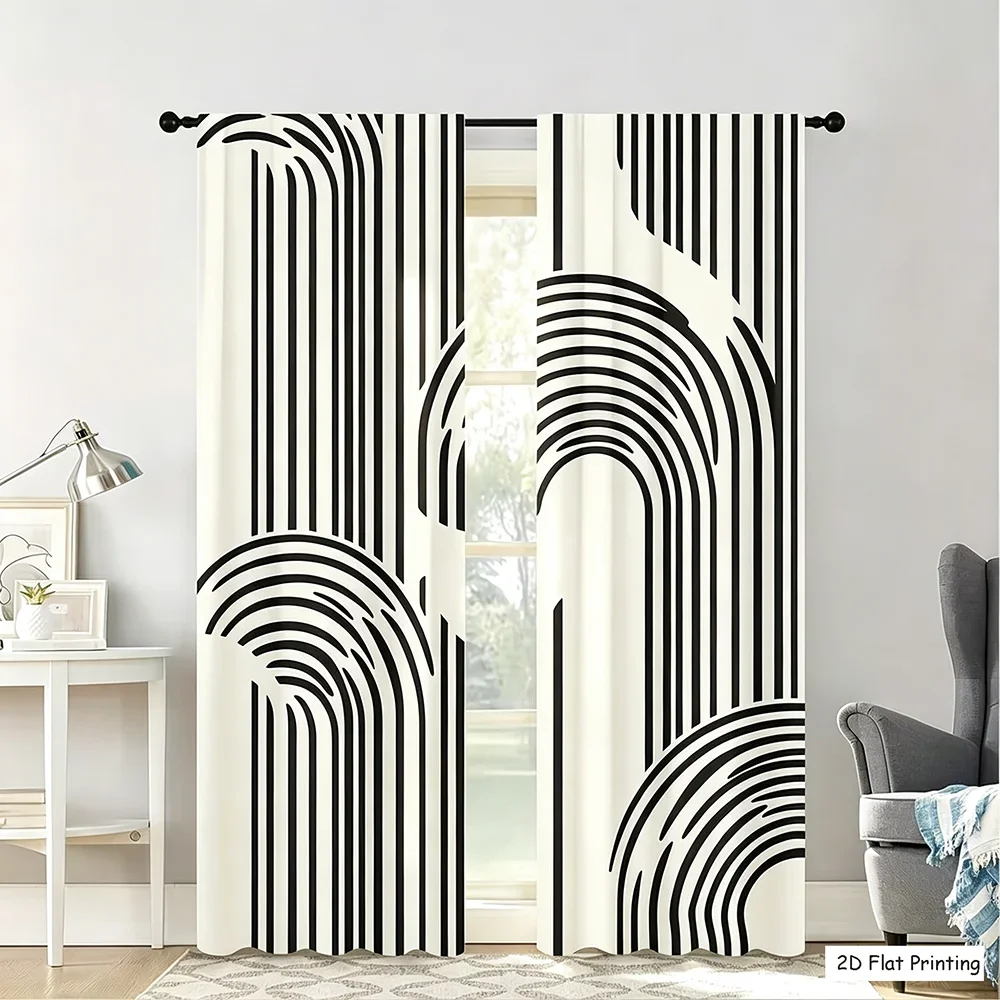 2PCS Digital Printing Curtains, Black White Minimalist Line Arch Rainbow Pattern, Modern Abstract Art Style Home Window Decor