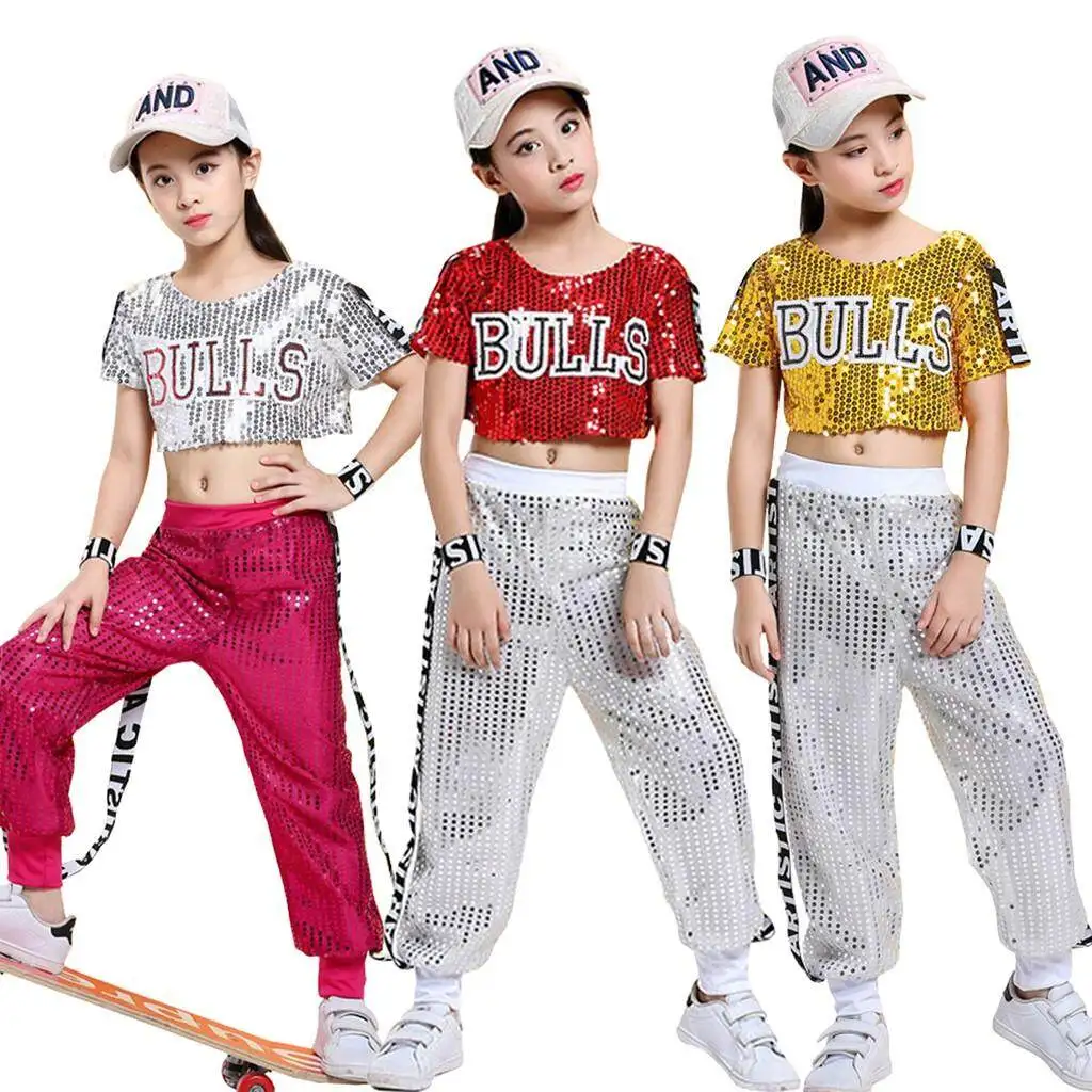 LOLANTA Kids Jazz Sequins Dance Costume Children Hip Hop School Team Activities Performance Outfits Tshirt&Pants Set