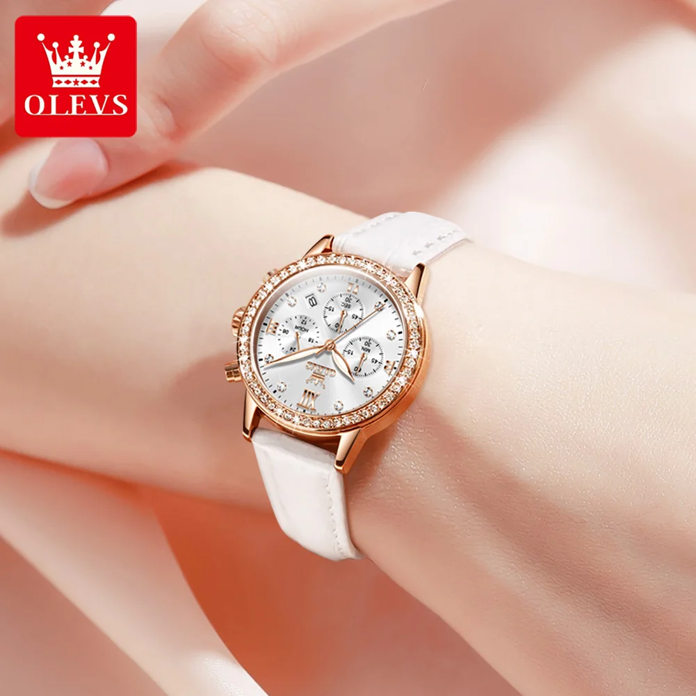 OLEVS-Montre de Luxe en Cuir pour Femme, Top Marque Shoous Date, Étanche, Chronographe, Quartz