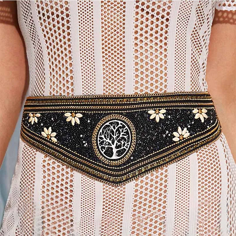 

Women's Elastic Wide Girdle Ethnic Style Bead Belt Pure Handmade Bohemian Colorful Shells Ladies Elegant Corset Decor Waistband