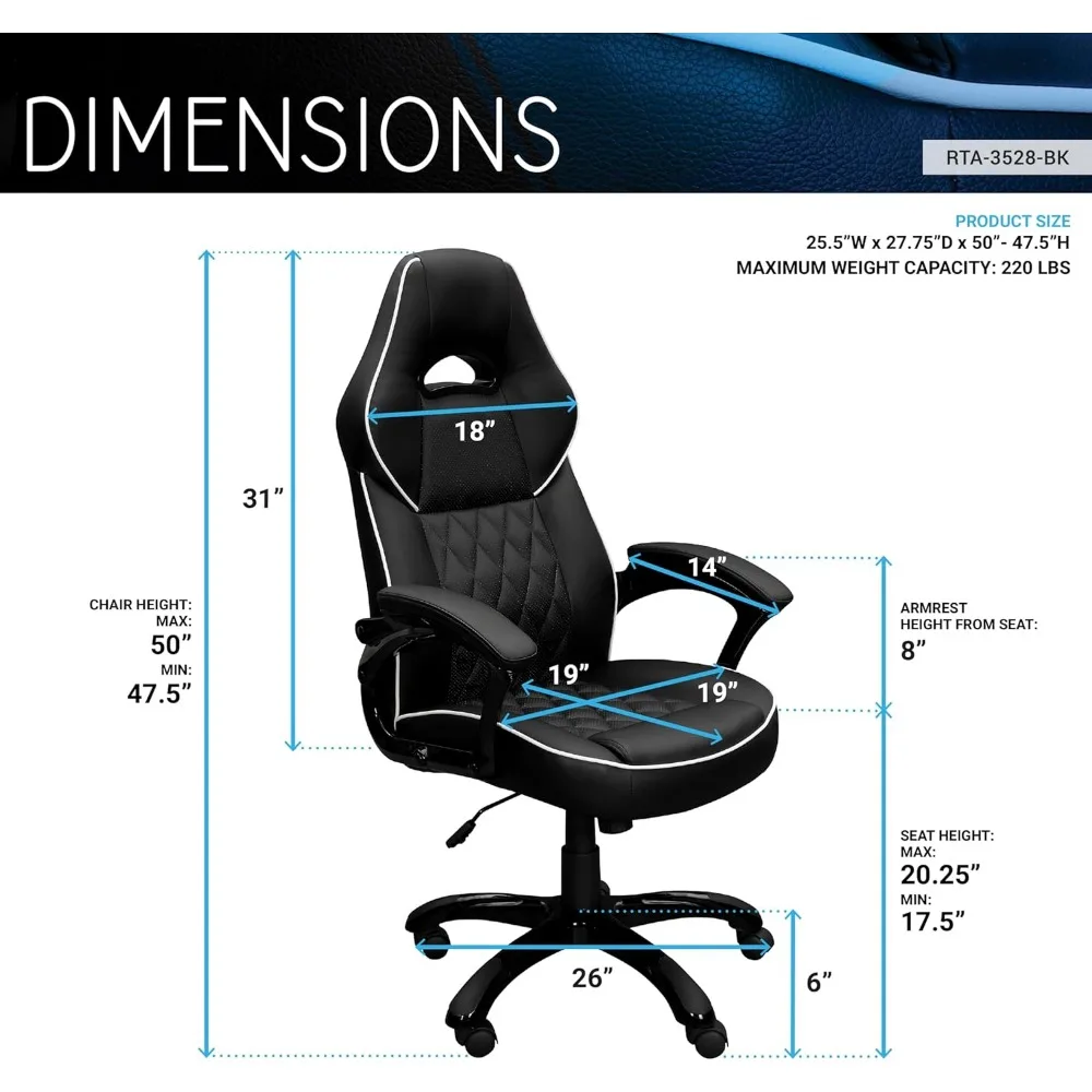 كرسي تنفيذي من جلد البولي يوريثان من Techni Mobili مع مساند للذراعين مبطنة، كرسي مكتب على طراز السباق قابل للتعديل مع تحكم في الميل، Bl #3