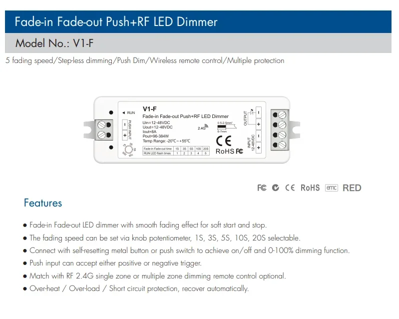 単色LEDストリップ用プッシュ調光器,フェードイン調光器,フェードアウト,速度,V1-F 5, V1-F,cv,12v-48vdc,1ch * 8a