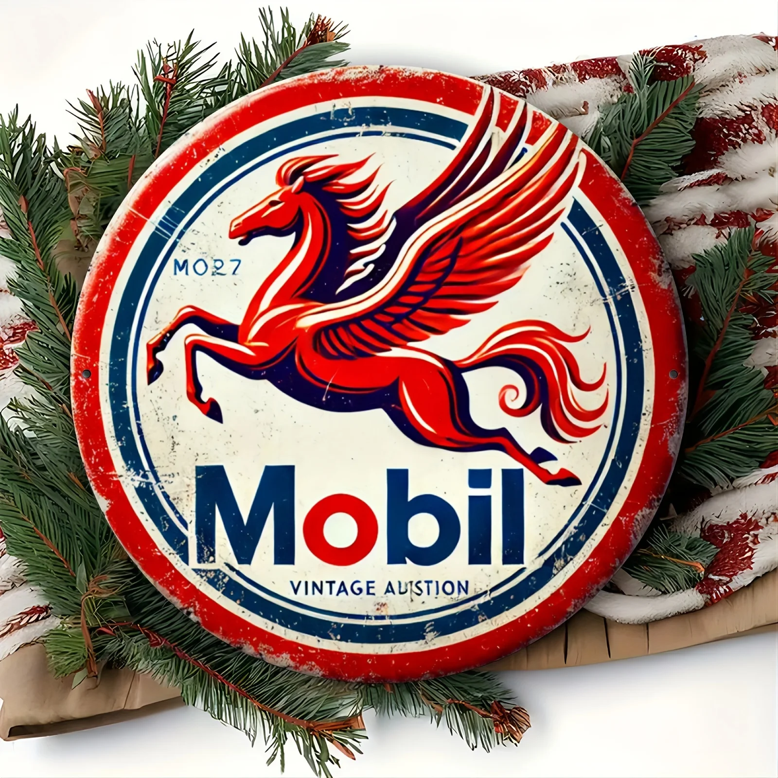 [Vintage Metallwandkunst] Vintage Mobil Pegasus Metallschild – 1 Stück rustikale Aluminium-Wandkunst mit Distressed-Finish |   8x8 Zoll
