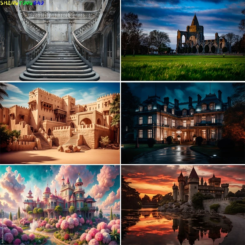 

Beautiful Castle Architecture Staircase Photography Backdrops Medieval Fantasy Hallway Bookshop Cathedral Photo Background CT-02