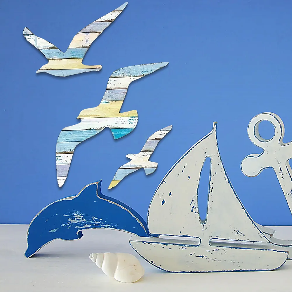 

6Pcs Mediterranean Style Wooden Seagulls Wall Decor Nautical Sea Birds Hanging Beach Themed Art Home Living Room Decoration