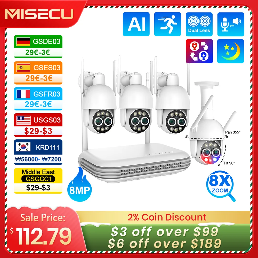 

MISECU PTZ 8X Dual Lens 8MP 8CH Wireless Surveillance Security System Human Detection 4MP Two Way Audio WIFI NVR Camera Kit