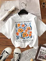 Yellow Flowers Market California Print T-Shirt Woman Soft Tee Top O-Neck Casual T Shirt Crewneck Sports Short Sleeve
