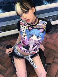 Women Clothes Japanese Anime Print T Shirts Crop Tops Short Sleeve O-neck Summer Tees Casual Chic Y2k Tshirts 2024 Ropa Mujer