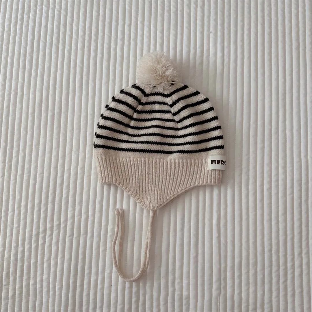 Cute Pom Kids Knit Hat 2023 Autumn Kids Beanie Ear Protection Cap For Girls Boys Fashion Striped Soft Baby Bonnet Cap