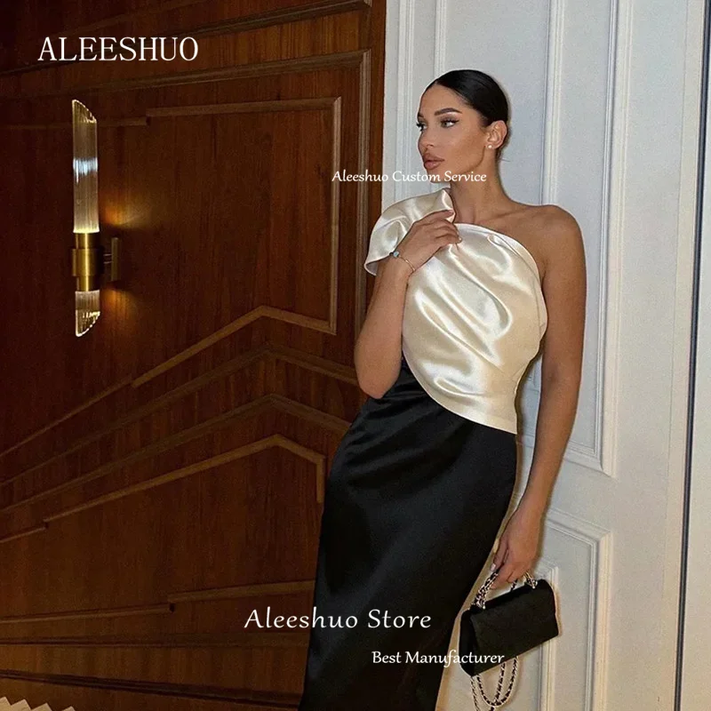 Aleeshuo Modern Black White Mermaid One Shoulder Sleeveless Vestidos Pleated Satin Prom Dress Sexy Tea-Length 2025 Customized