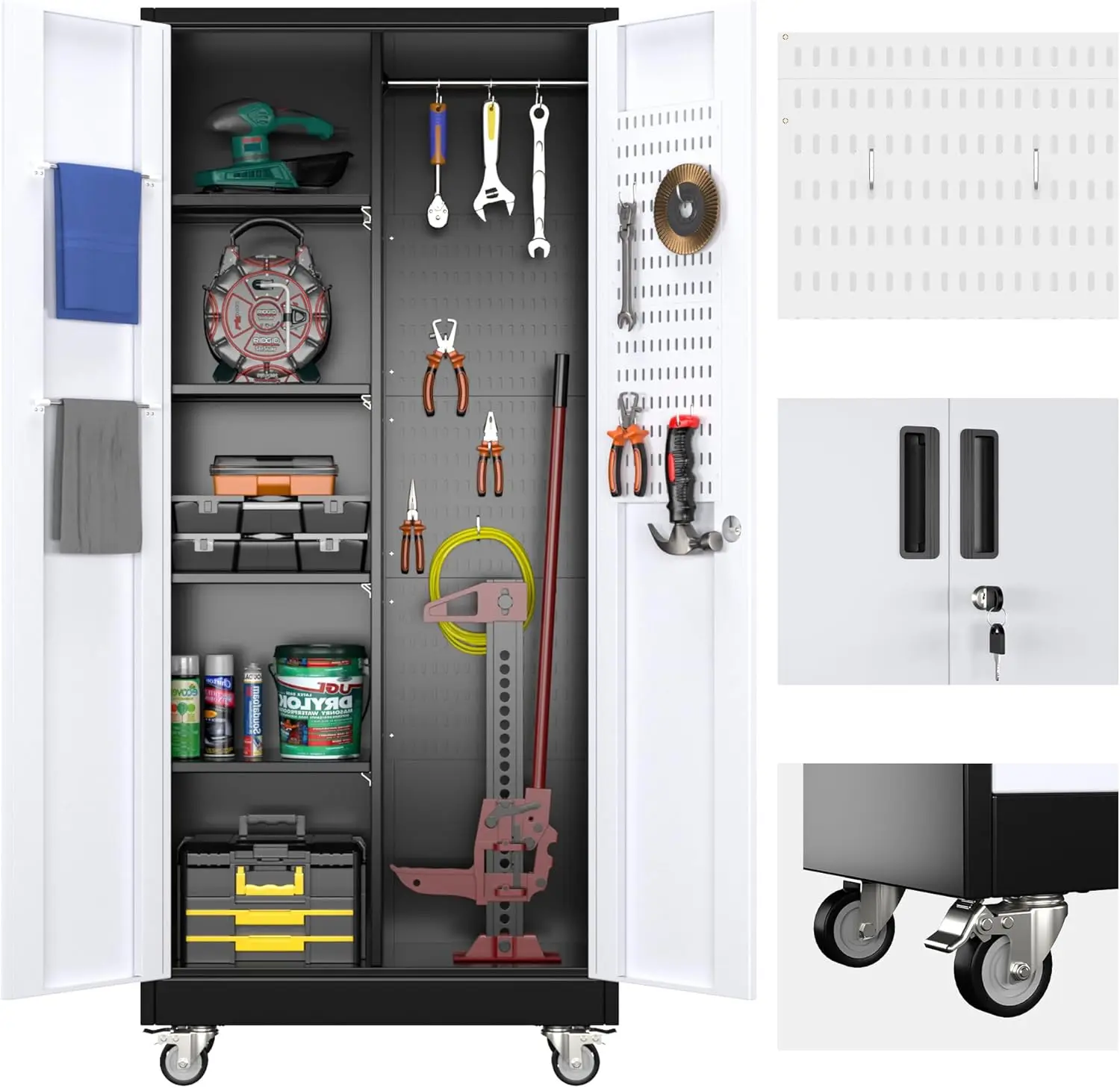 

Broom Closet Storage Cabinet with Wheels and Pegboard,Metal Garage Storage Cabinet with Doors and Adjustable Shelves for