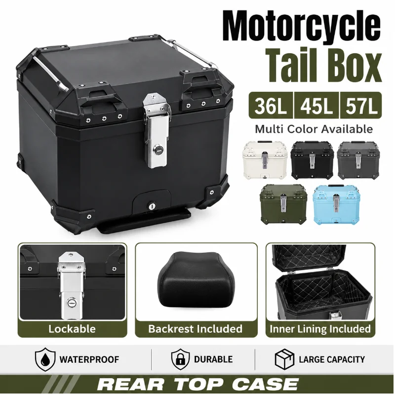 Hot 36/45L/57L Motorcycle Tail Box Case Lockable Helmet Storage Rear Tour Box various colors Waterproof Moto Box