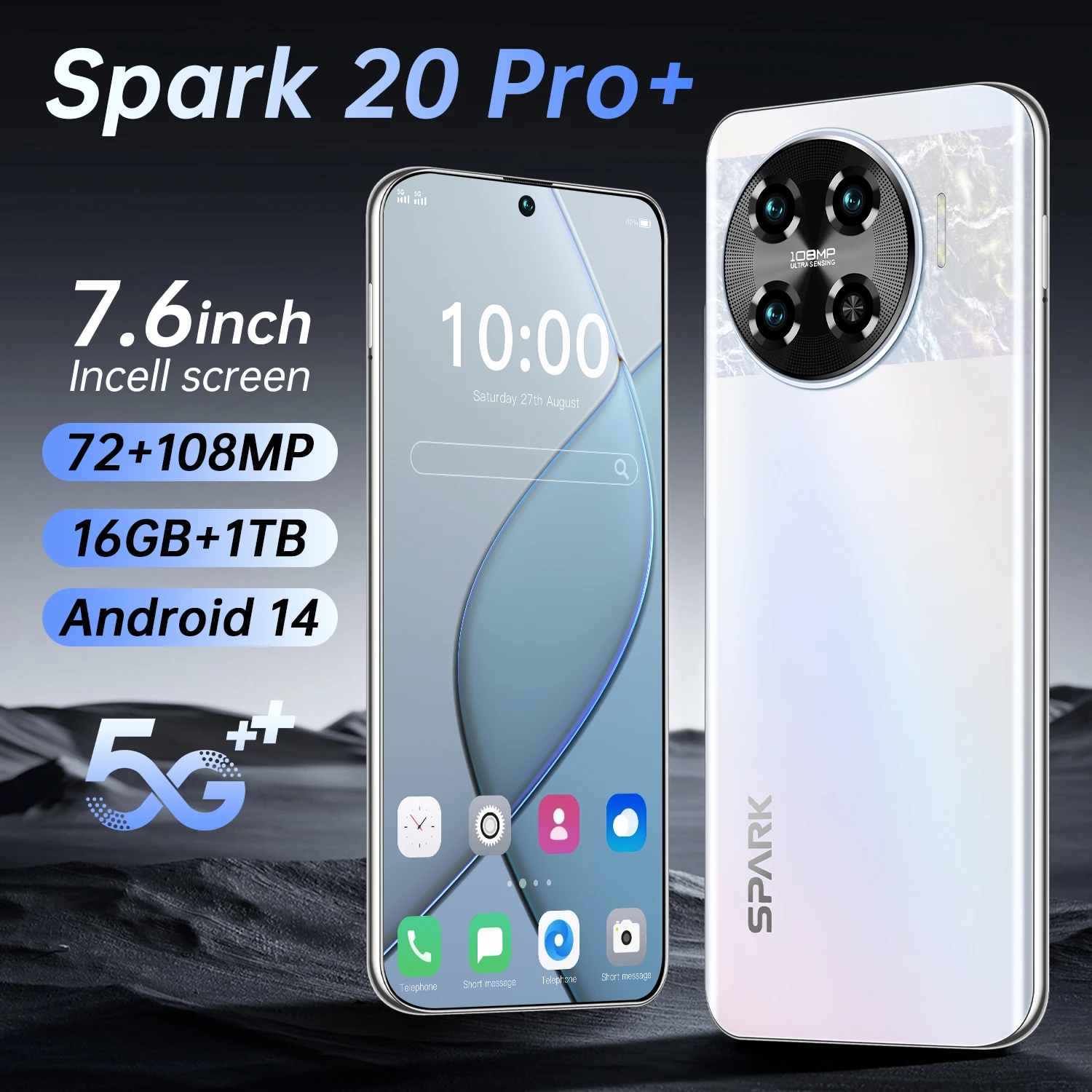 

Global Version Spark 20 Pro+ Smartphone 5G Android 7.6-inch 16GB+1TB Dual SIM 7800mAh 72+108MP Camera Original Mobile phones