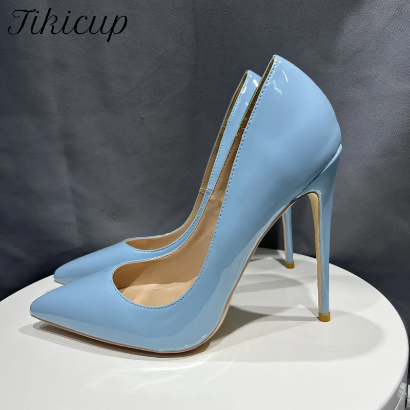 Tikicup Light  Blue Patent Women Sexy Pointed Toe High Heels Solid Color Ladies Slip On Dress Shoes Party Pumps Plus Size 33-46