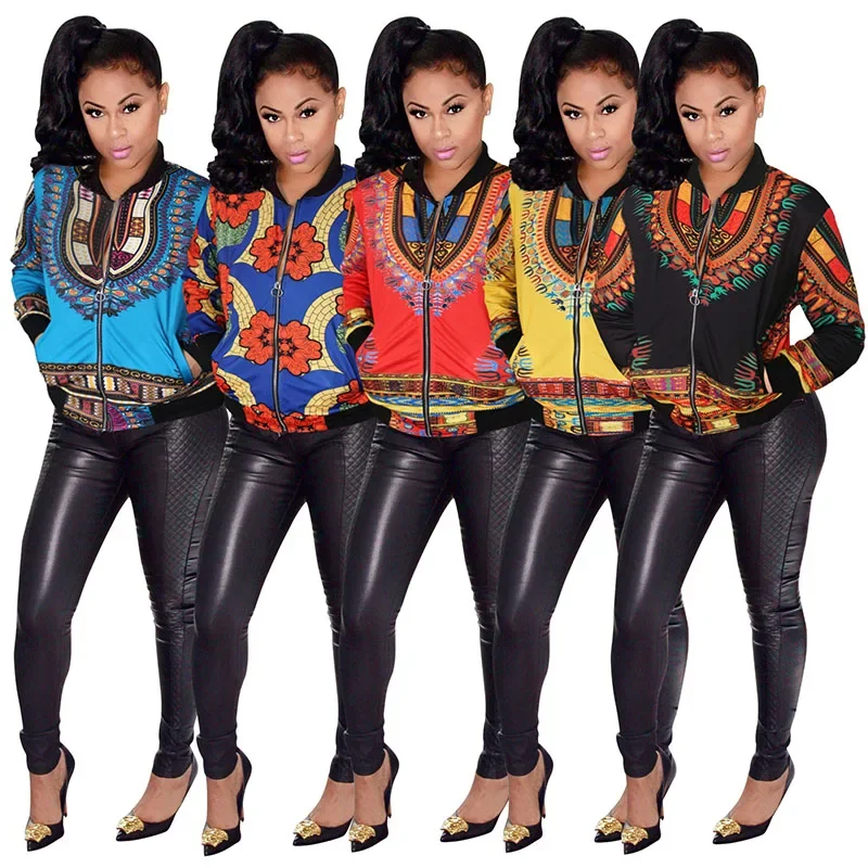 African Traditional Dashiki Print Bomber Jacket Coat For Women Tribal Ethnic Floral Sweatshirt Full Zip Clothes Ladies 4XL 5XL R