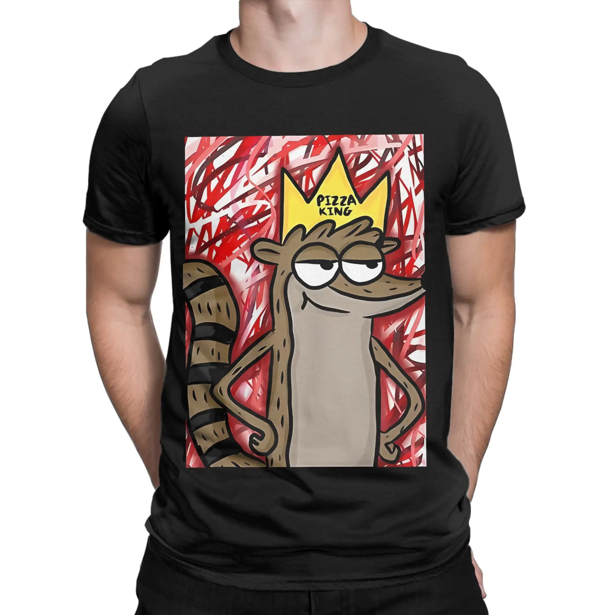 rRegular Show Pizza King Rigby Novelty 100% Cotton T-Shirt rRegular Show Tops Tees For Men
