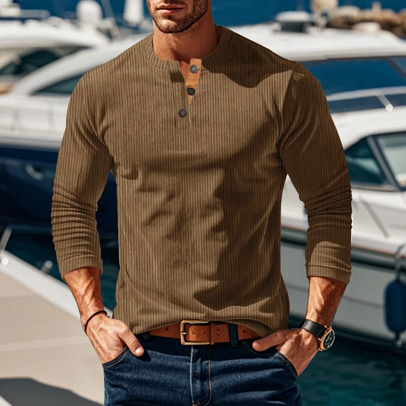

New Long-sleeved T-shirt Bottoming Shirt Four-button Corduroy Slim Fit for Men
