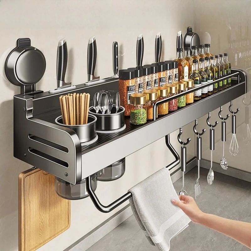 

Многофункциональный кухонный органайзер для хранения специй, настенный алюминиевый держатель для лезвий, сверление не требуется, домашнее использование