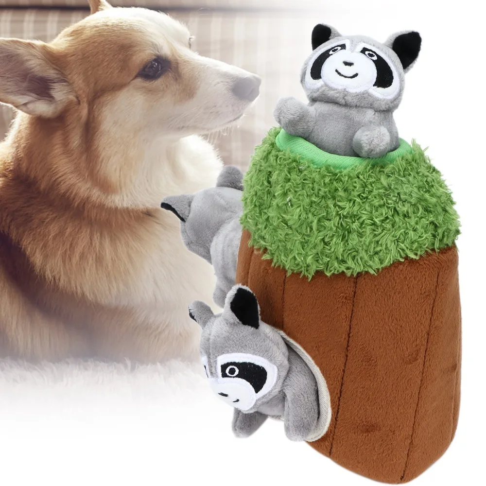 Soft Raccoon Tree Hide Squeaker Insert Tree Hollow Shape Pet Foraging Detachable Multi Squeaky Units Dog Hide Seek