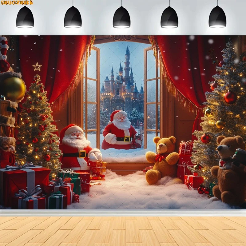 

Christmas New Year Clock Decor Backdrop Photography Vintage Xmas Trees Gifts Snow Winter Indoor Photo Studio Background YG-23