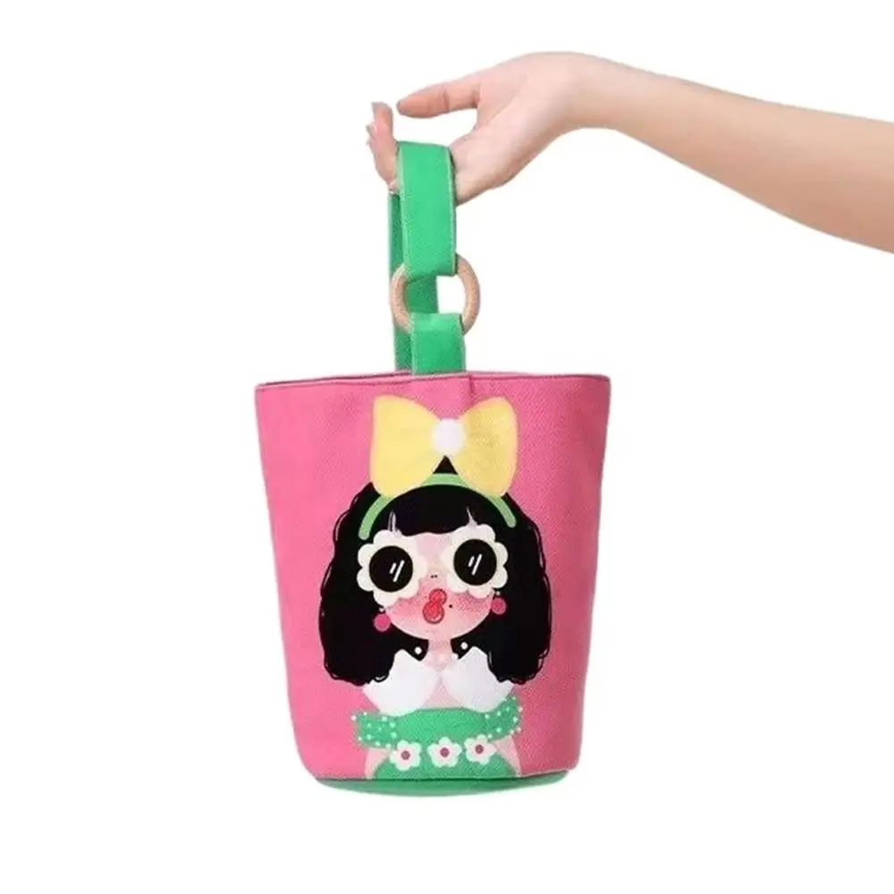 Cartoon Girl Canvas Bucket Bag Korean Style Shoulder Bag Y2K Outing Shopping Bag Women Sweet Cute Handbag Student Lunch Bag