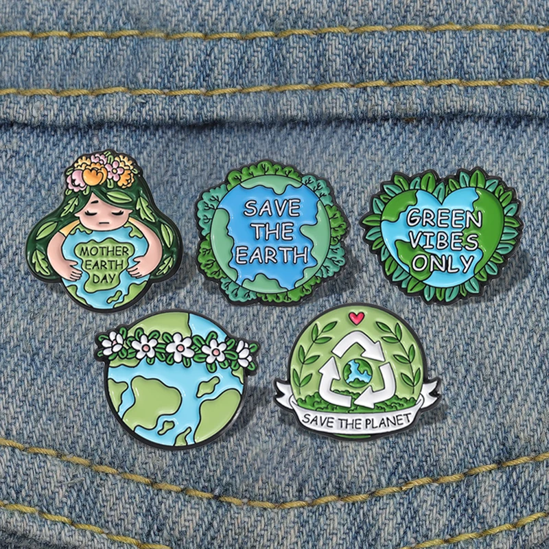 SAVE THE EARTH Enamel Pins Custom GREEN VIBES ONLY Brooches Lapel Badges Plant Jewelry Gift for Friends