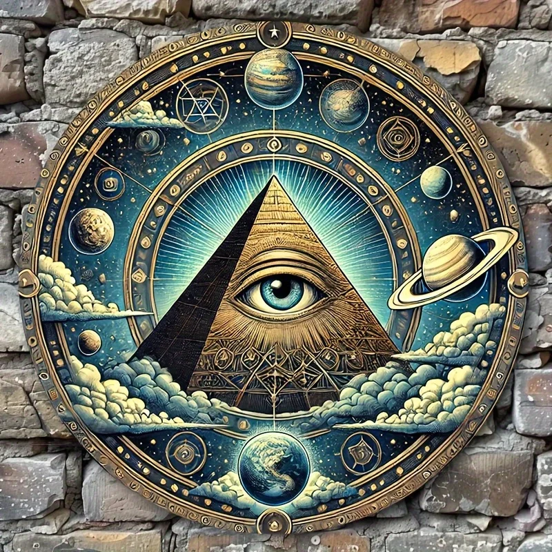 2D Flat - 1pc Illuminati All-Seeing Eye Metal Wall Art, 7.87inch - Mystical Pyramid Eye Symbol, Esoteric Masonic Decor, Iron Foi