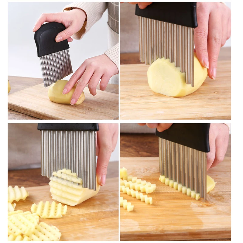 Obelix Stainless Steel Potato Chip Slicer Cutter Vegetable Fruit Corrugated Wavy Knife French Fries Potato Cutter Kitchen Gadget