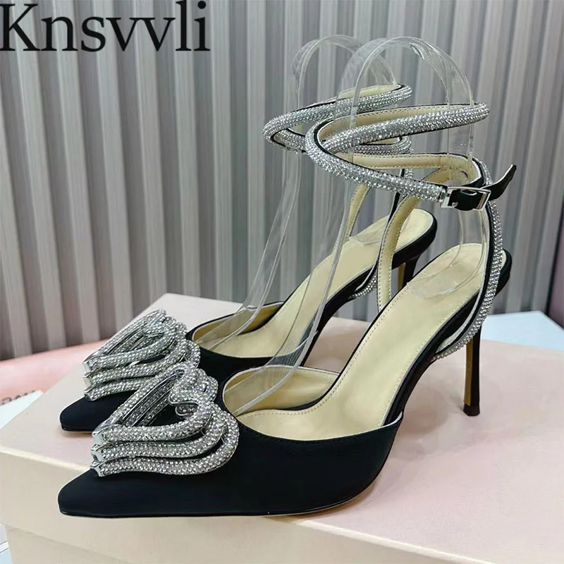

New Crystal Heart-shaped Crystal High Heels Shoes Women Pointed Toe Ankle Strap Women Pumps Thin Heels Summer Sandals Woman