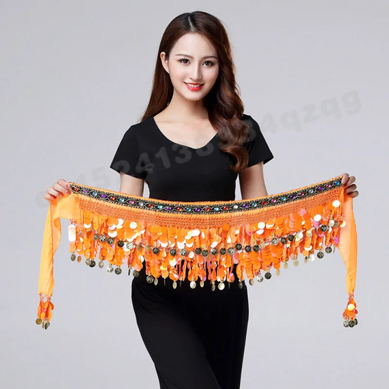 Belly Dance Sequins Belt Gold Copper Coin Belly Dance Hip Scarf for Women Bellydancing Waist Chain Indian Dance Performance Belt