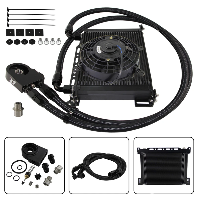 Black Oil Cooler Kit Universal 28/30 Row AN10 Thermostatic 85±0.5° +7'' Electric Fan Kit For 3/4X16UNF and M20XP1.5 Adapter