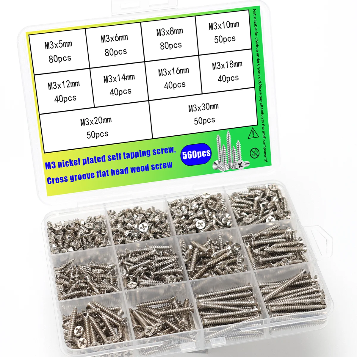 560Pcs M3 Nickel Plated Self Tapping Screws Set, Cross Groove Flat Head Wood Screws Assortment Kit for Home DIY