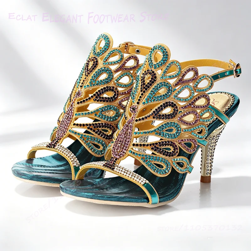 

Sapphire Crystal Wing Shaped Hollow Sandals Glitter Gold Jeweled Strap Crystal Heels Mesh Red Ethnic Women Buckle Dress Shoes