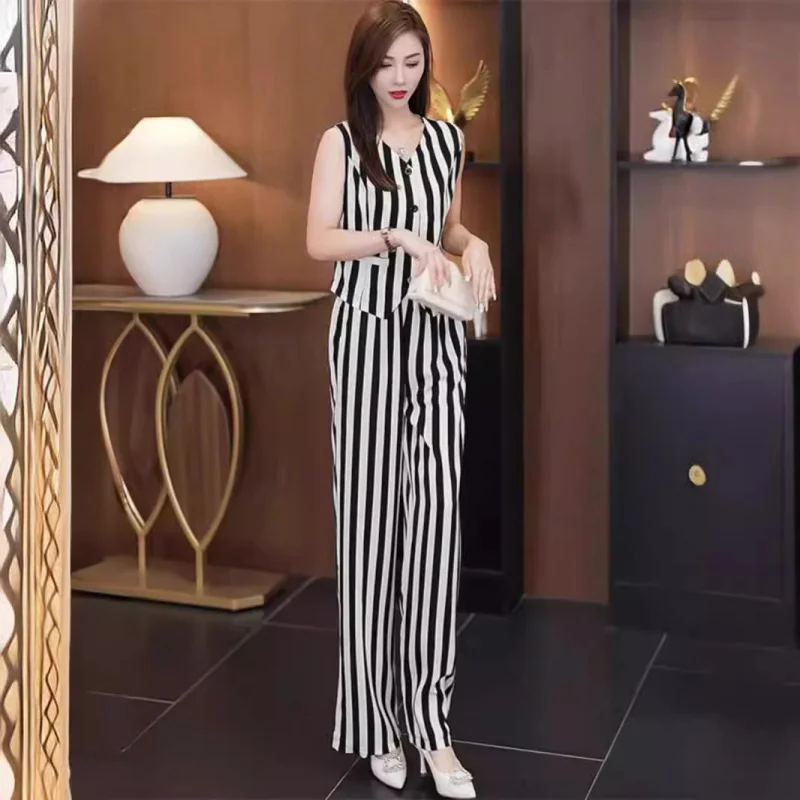 Design Fashion Ice Silk Suit Women\'s Summer New V-neck Black and White Striped Vest Drooping Wide-Leg Pants Two-Piece Set