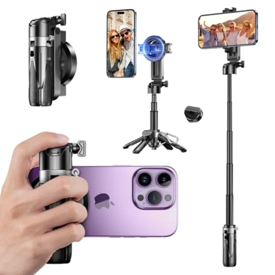 

Selfie Stick for iPhone Mini Tripod for MagSafe Portable 4in1 Phone Tripod Stand with Remote Cold Shoe Mounts Fit All 4.7 to 7