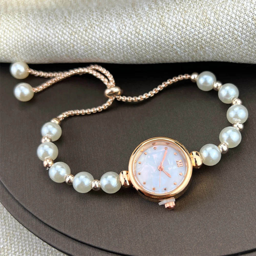 Women's Beaded Pull-Out Bracelet Alloy Rose Gold Case Premium Fritile-Textured Dial Elegant Quartz Watch Suitable for Banquet
