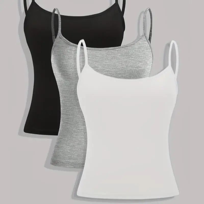 섹시한 컬러 여성 탱크탑 및 조끼 3피스 세트 순색 스트랩 조끼 중년 여성용 패셔너블 겨울 의상