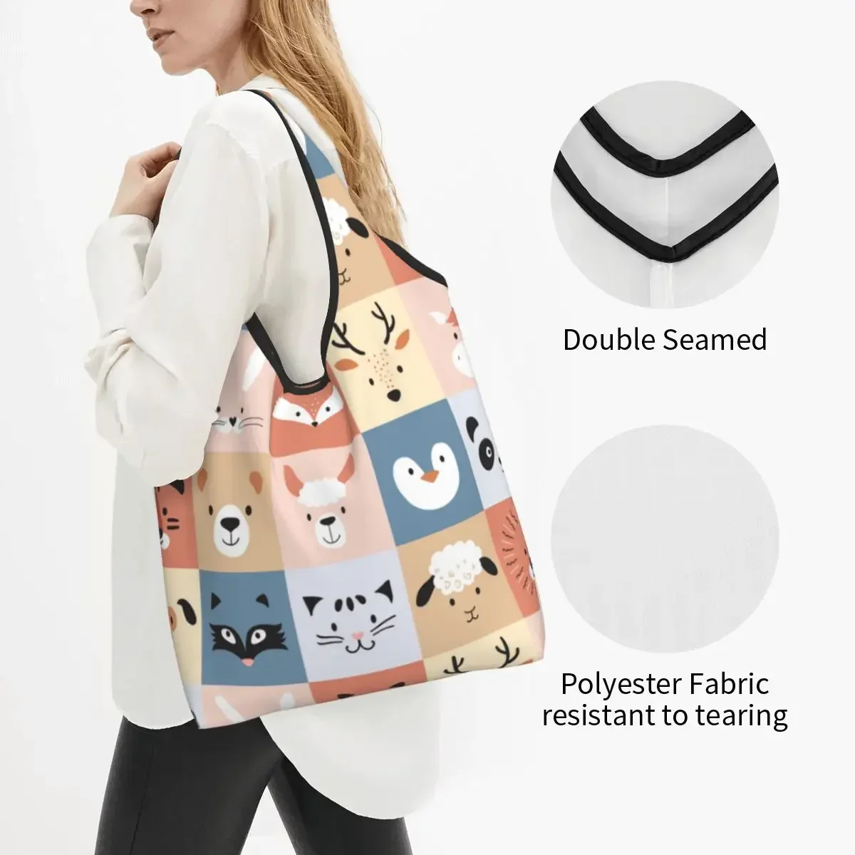 Reusable Cute Animals Grocery Bag Foldable Machine Washable Nursery Childish Cartoon Animal Shopping Bag 50LBS Large Folding Bag