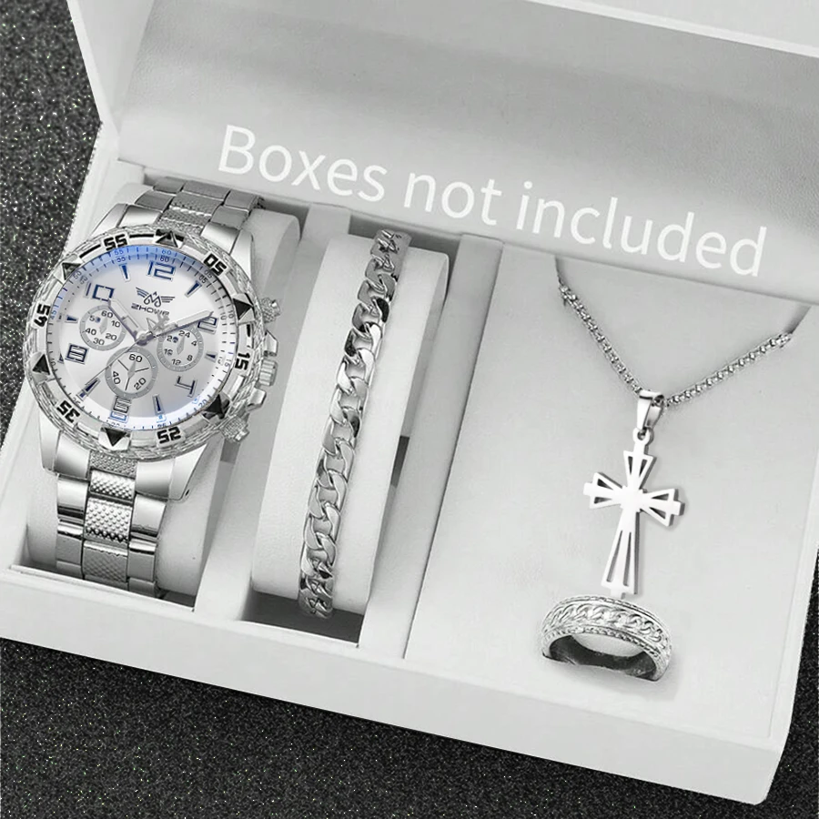 

Men's Watch Accessories Set, 4-Piece, Casual Style, Stainless Steel, Three-Face Quartz Watch, Birthday Gift