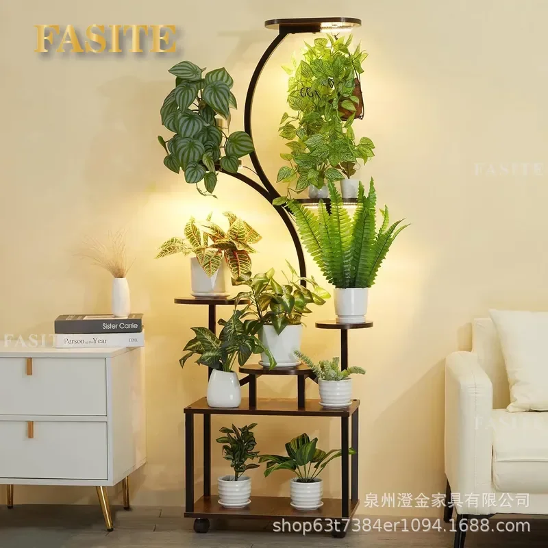 For Indoor S-Shaped Wooden Plant Stand with Growth Lamp Elevated Angular Flower Rack for Living Room Home Decor Space Saving