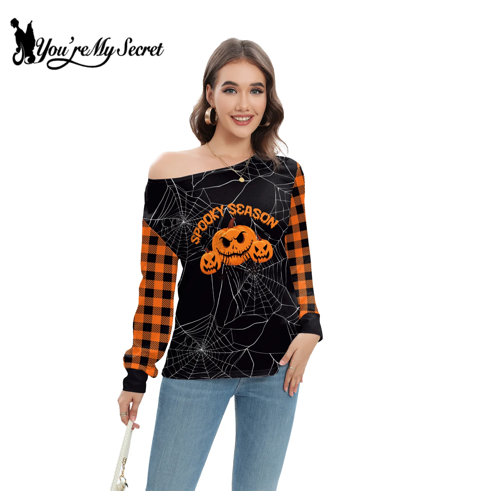 [You\'re My Secret] Halloween Party Women Slant Shoulder Long-sleeved Skeleton Printing Round Neck Pullover Sweatshirt Streetwear