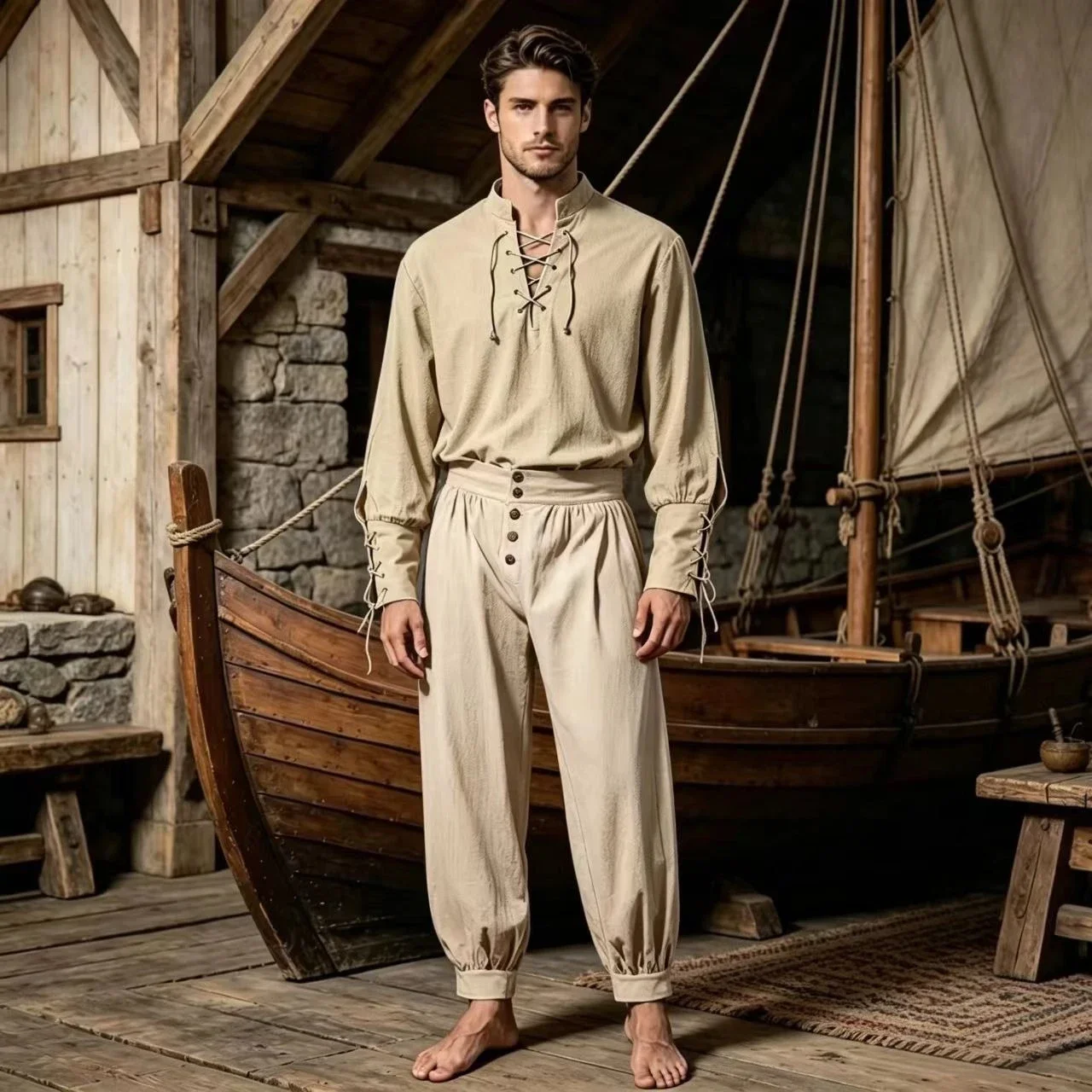 2Pcs Men Medieval Renaissance Viking Pirate Cosplay Set Lace Up Stand Collar Shirt & Button Long Pants for Halloween LARP