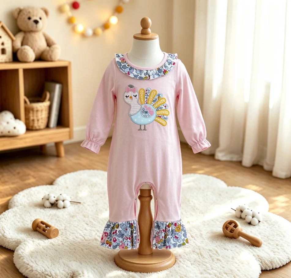 Wholesale Kids Newborn Coverall Bodysuit Baby Girl Toddler Thanksgiving Children Embroidery turkey Flower Ruffle Romper