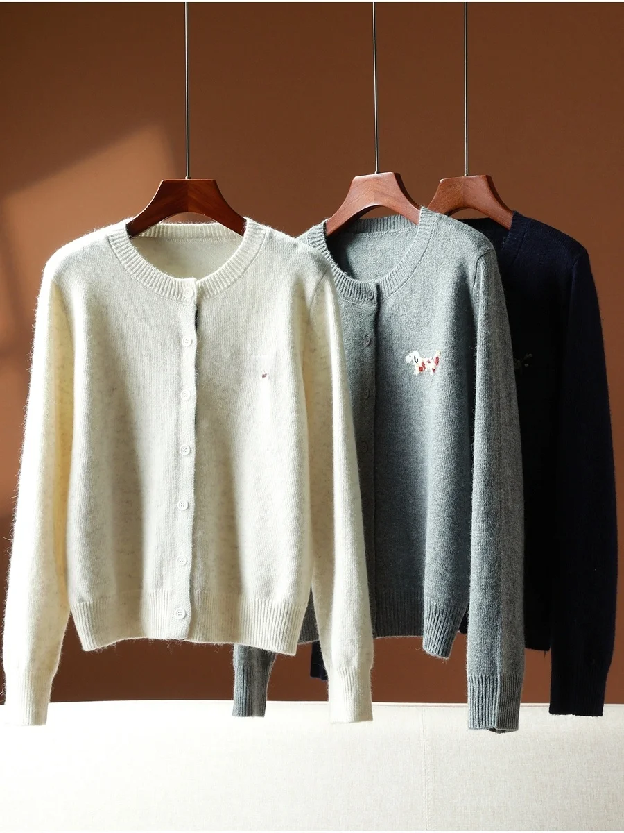 

MS Series round Ne Cardigan Embroidered Bear Fur Dog Stitch Knitted Sweater Anti-Aging Warmth Fall Winter Women's Faion