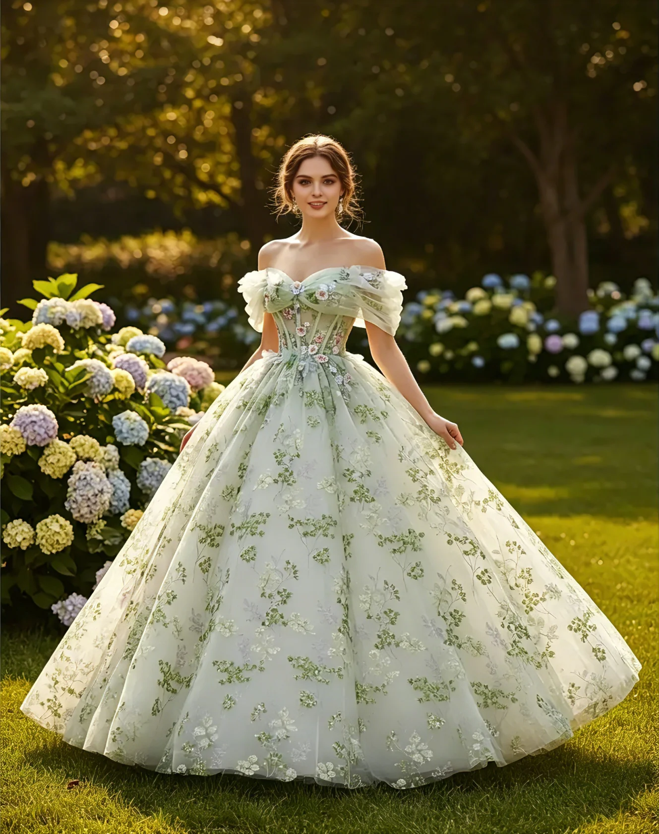 Mint Green Off Shoulder Floral Embroidery Tulle Ball Gown Floor Length for Wedding Prom Graduation Party Birthday Banquet