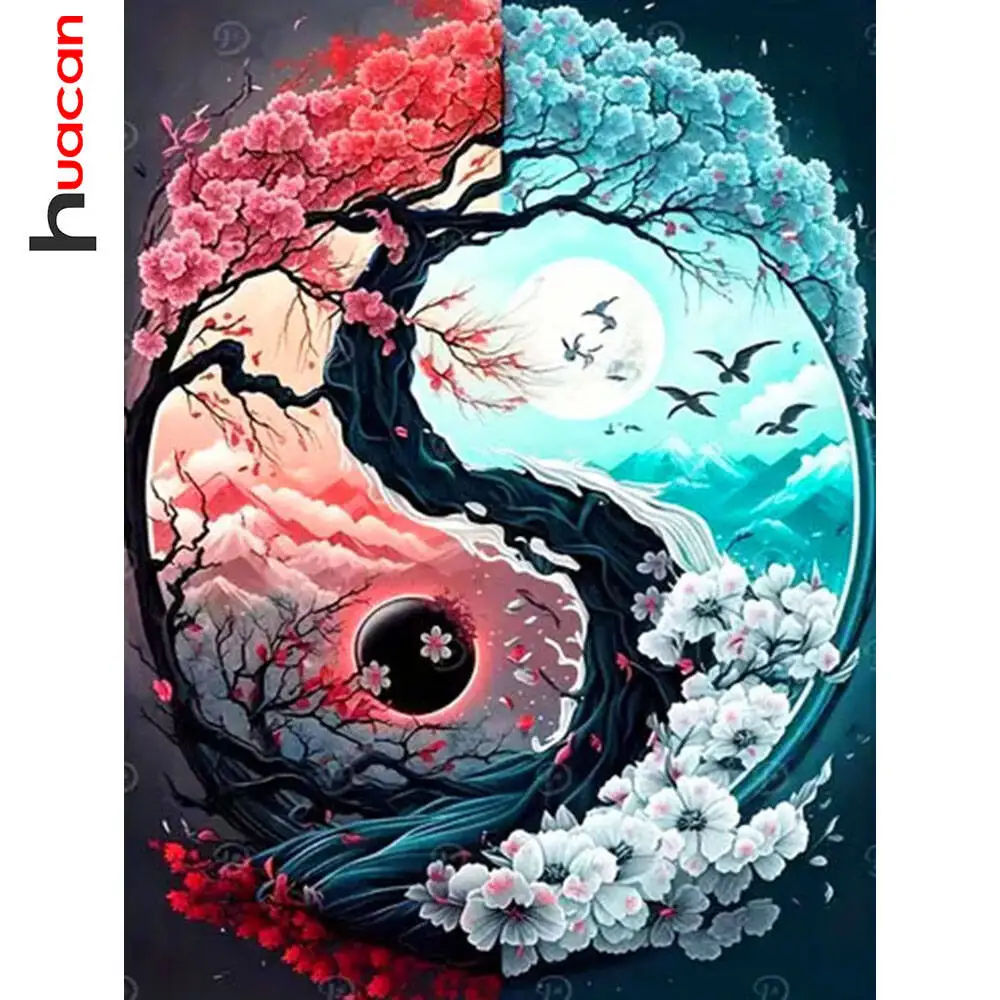 Huacan 5D-Diamantgemälde, Yin-Yang-Blume, Diamantmosaik, Religion, komplettes Set, Wanddekoration