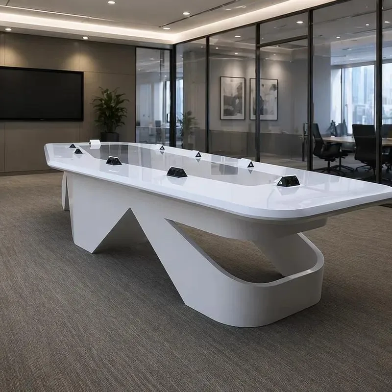 Large white solid surface conference table polygonal shape with pop-up electrical socket