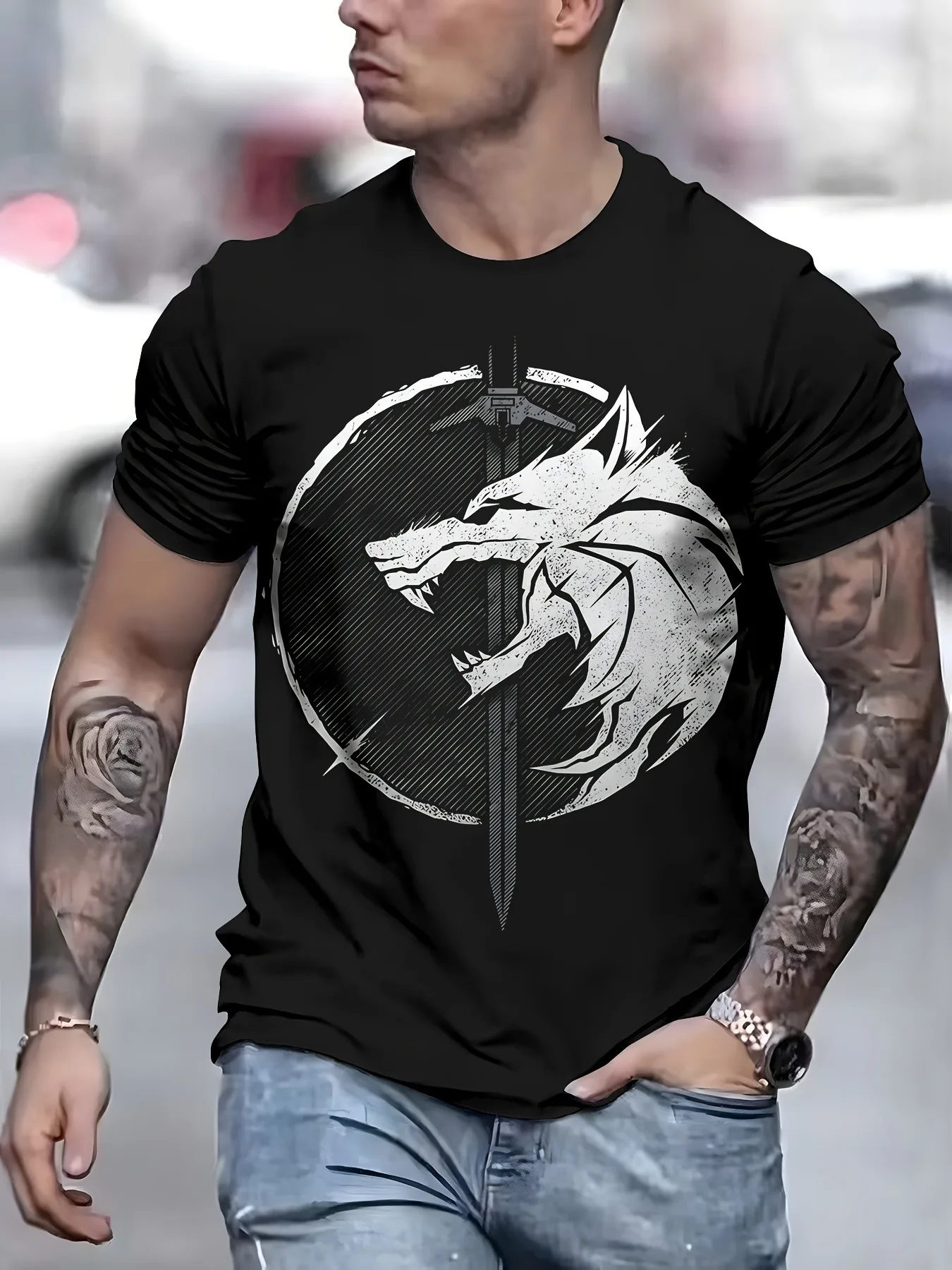 Men's T-Shirt The School of the Wolf Fantasy T Shirts The Cool Witchers Pure   Clothes Funny Short Sleeve Round Neck Tees