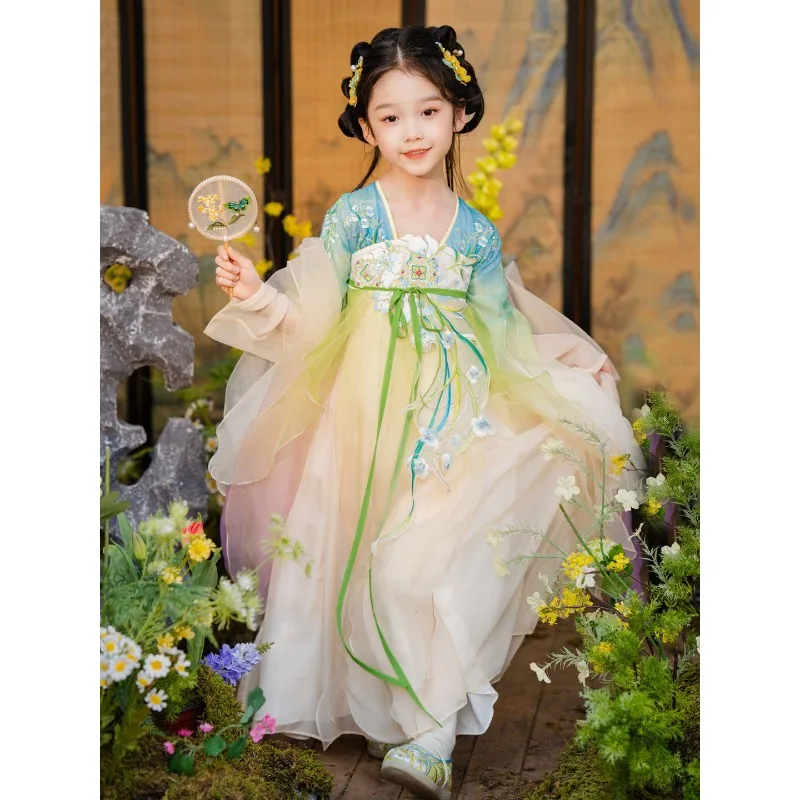 Hanfu girls spring and summer new Tang made improved chest-length skirt, ancient style embroidered super fairy little girl Tang
